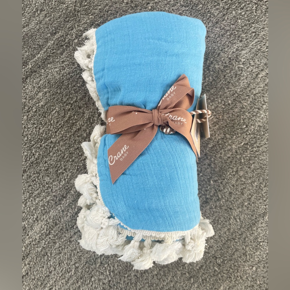 Crane Baby Muslin Swaddle Blanket w/ tassels